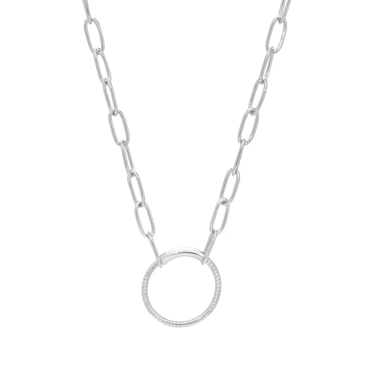 Trendy bar necklaces for women-Rhodium Finish Sterling Silver 18" Paper Clip Necklace with Center Circle Station