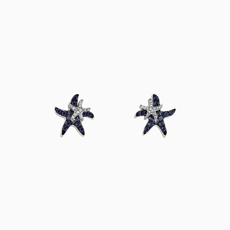 Casual Hoop Earrings For Subtle Fashion-Seaside 14K White Gold Sapphire & Diamond Starfish Stud Earrings, 0.71 TCW