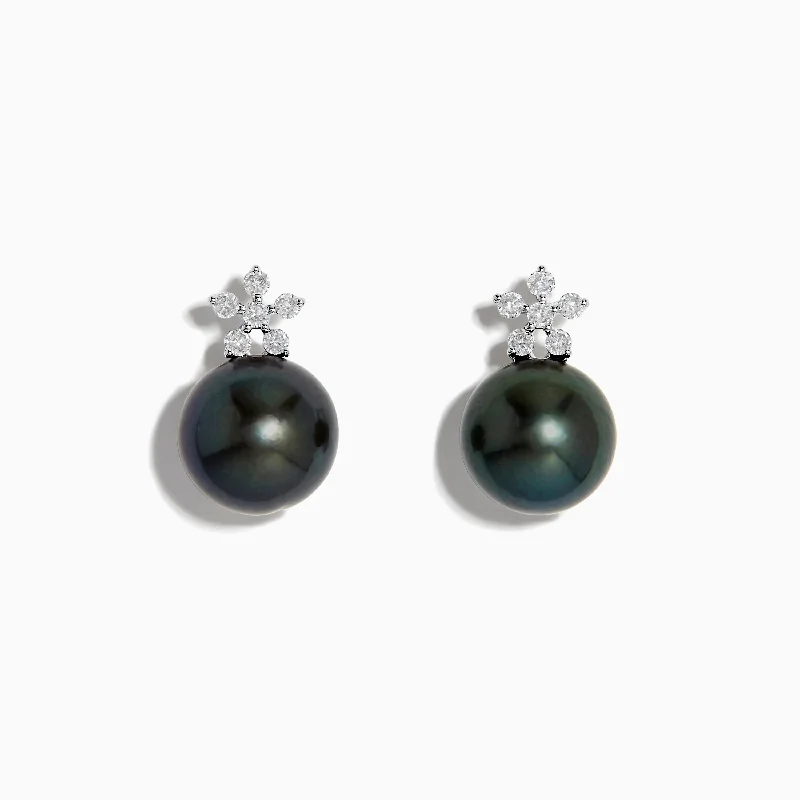 Silver Dangle Earrings For Special Occasions-14K White Gold Tahitian Pearl and Diamond Earrings 9-10 mm