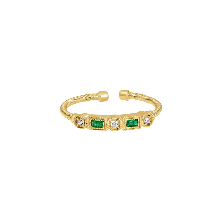 Men’s diamond engagement rings-Gold Finish Sterling Silver Cable Cuff Ring with Simulated Emeralds and Simulated Diamonds