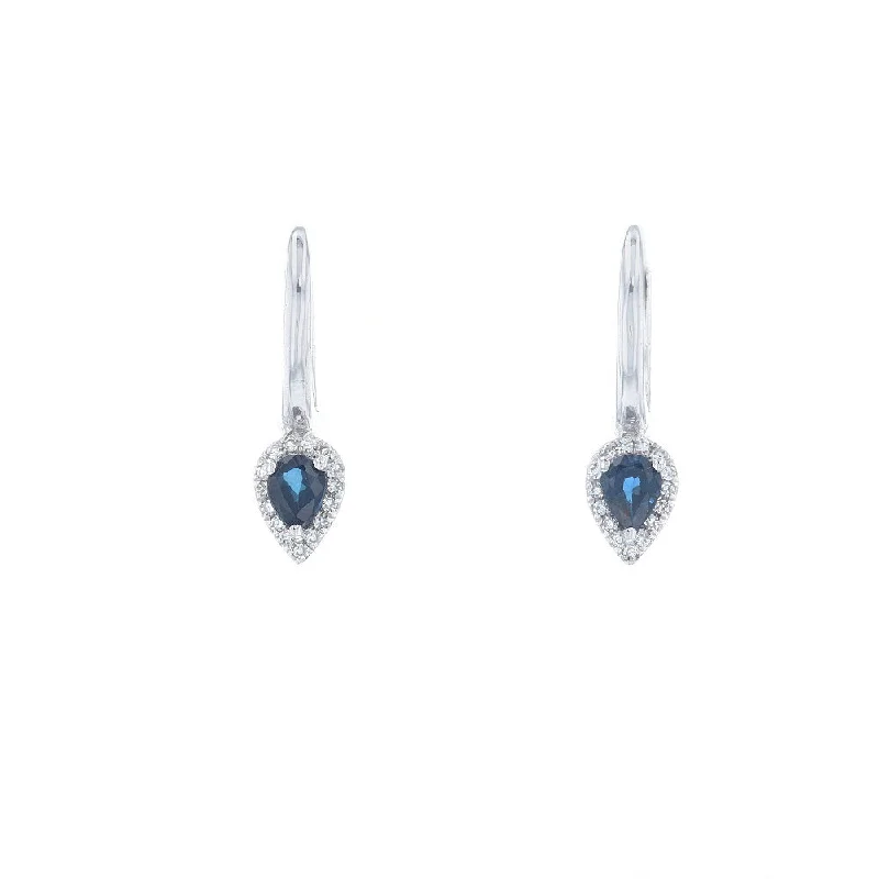 Crystal Earrings For Sparkling Effect-Pear Sapphire Diamond Halo Huggies