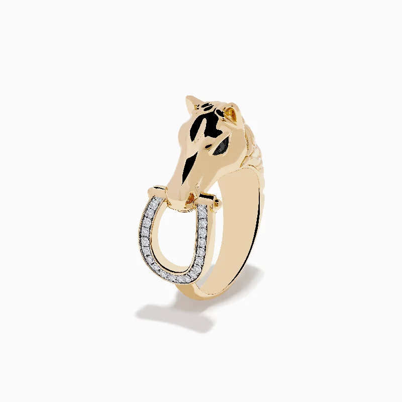 Affordable men’s rings-Men's 14K Yellow Gold Black and White Diamond Horse Ring