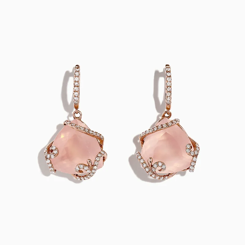 Fancy Earrings For Holiday Parties-14K Rose Gold Rose Quartz and Diamond Earrings, 13.05 TCW