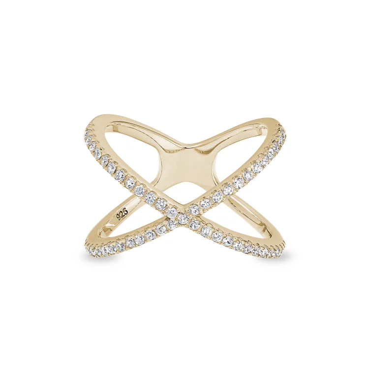 Color changing rings-Gold Finish Sterling Silver Micropave Criss-Cross Ring with Simulated Diamonds