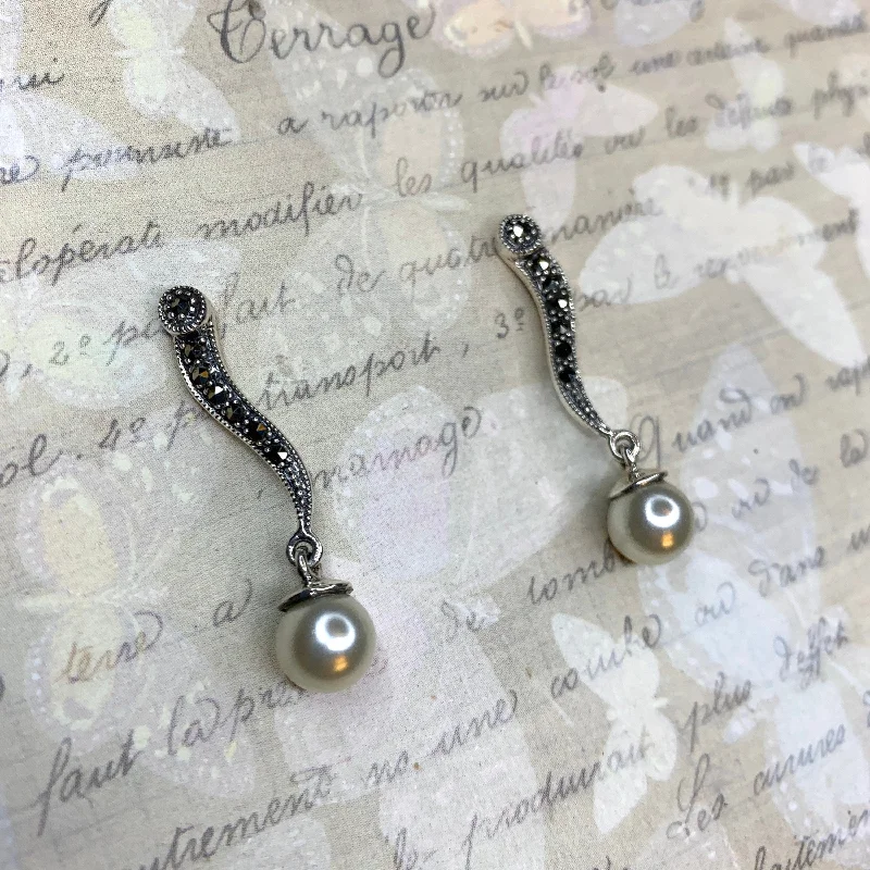 Unique Earrings For Fashion Forward Women-Glass pearl drop Earrings silver Marcasite vintage bride