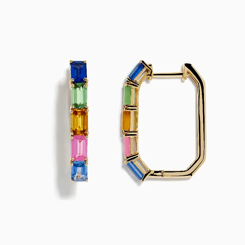 Statement Earrings For Fashion Lovers-14K Yellow Gold Multi Color Sapphire Huggie Earrings