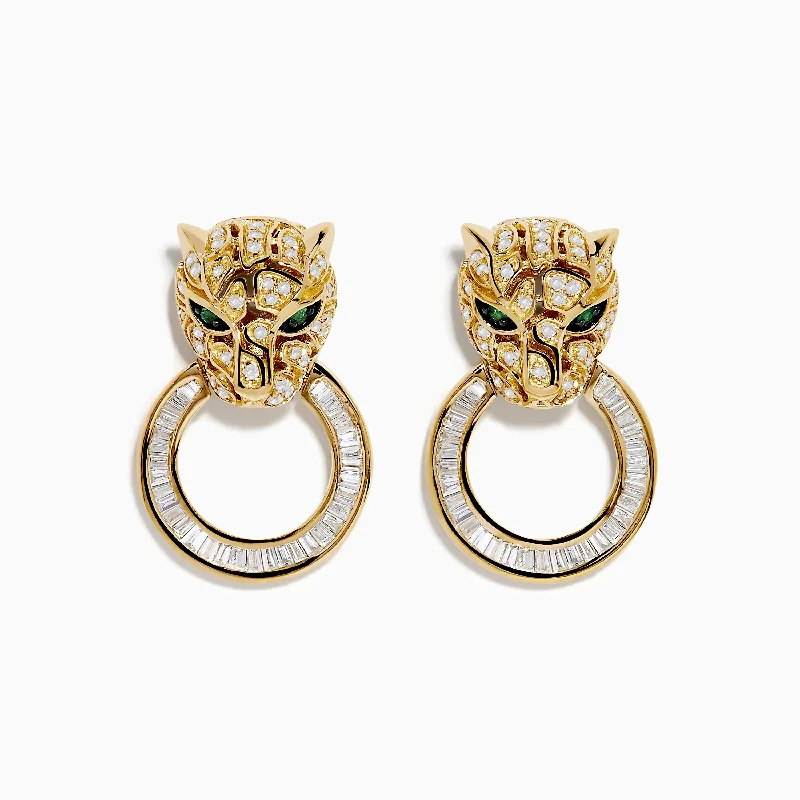 Multi-Tiered Earrings For Dazzling Style-Signature 14K Yellow Gold Diamond and Emerald Panther Earrings