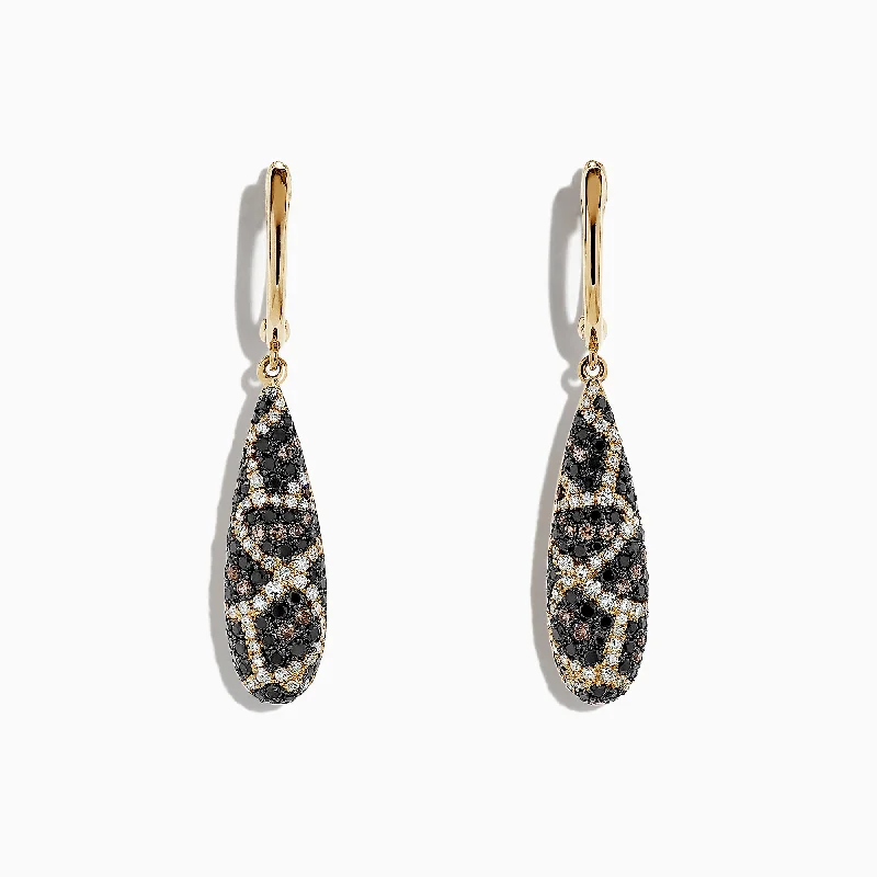 Hoop Earrings For Vintage Look-14K Yellow Gold Espresso, Black and White Diamond Earrings, 1.26 TCW