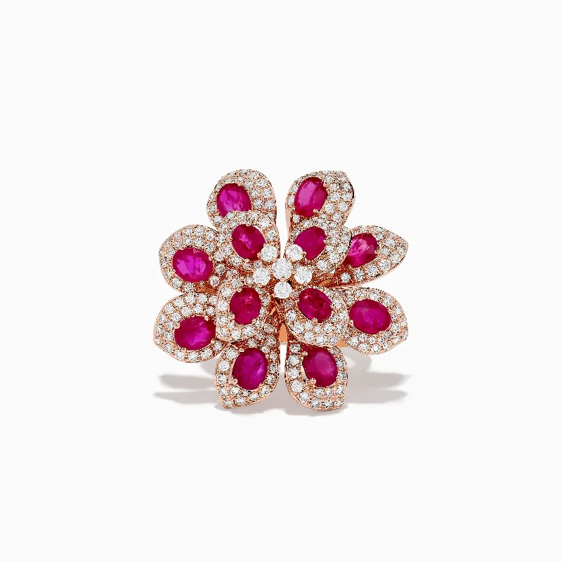 Custom engagement rings with birthstones-Nature 14K Rose Gold Ruby and Diamond Flower Ring