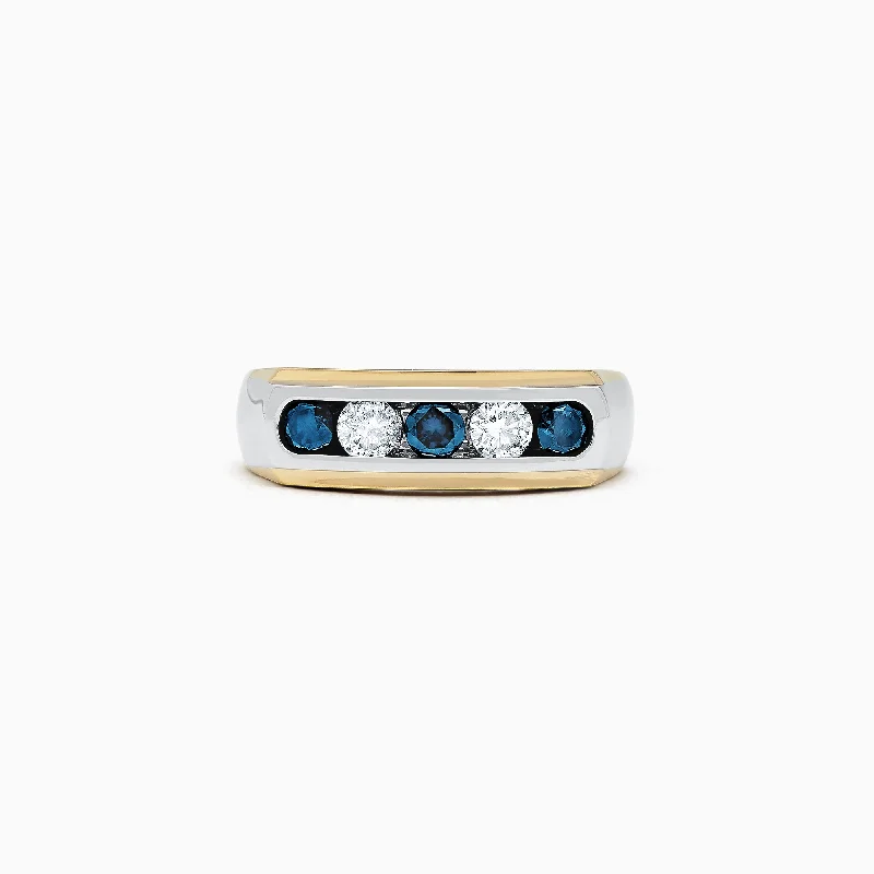 Trendy rings-Men's 14K Two-Tone Gold Blue and White Diamond Ring, 0.98 TCW