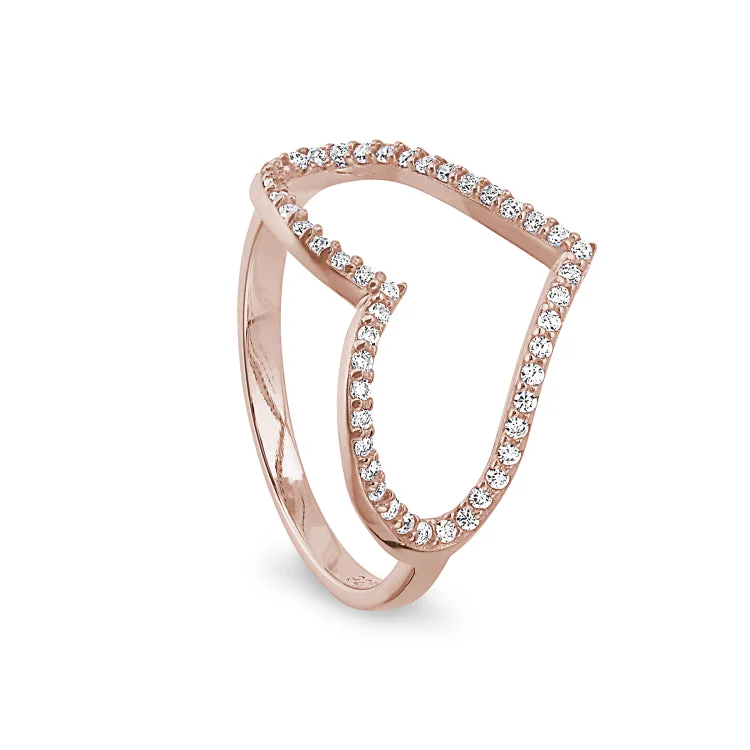 Cushion engagement rings-Rose Gold Finish Sterling Silver Micropave Open Heart Ring with Simulated Diamonds