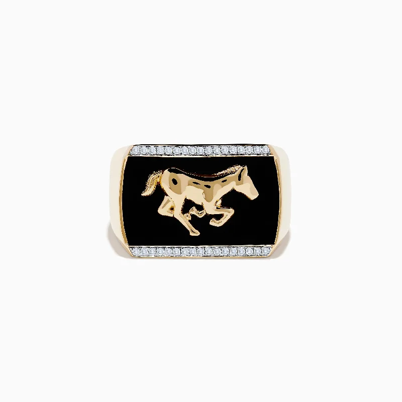 Bridal rings with diamonds-Men's 14K Yellow Gold Onyx and Diamond Running Horse Ring