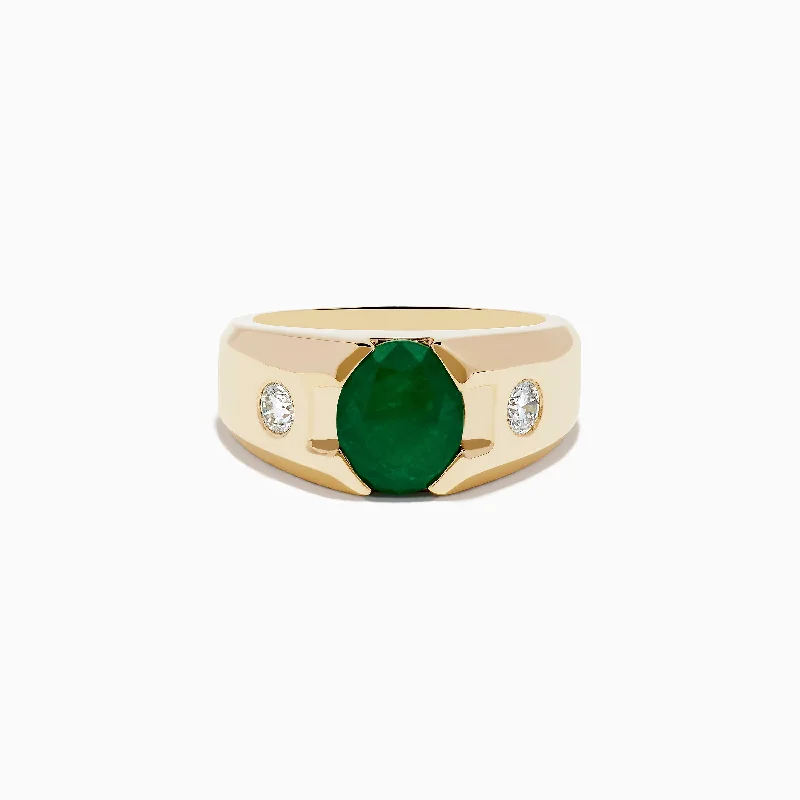 Luxury rings for men-Men's 14K Yellow Gold Emerald and Diamond Ring