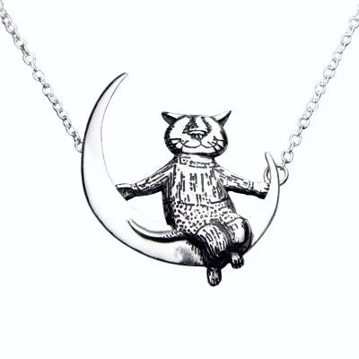 Simple gemstone necklaces for men-Edward Gorey Moon Cat Sterling Silver Necklace