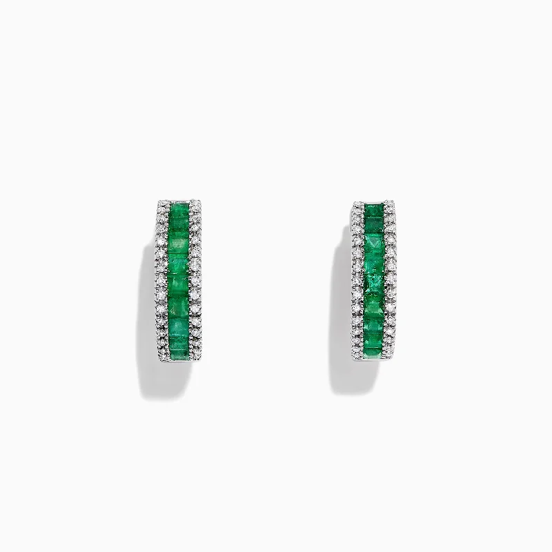 Minimalist Drop Earrings For Clean Design-Brasilica 14K White Gold Emerald and Diamond Hoop Earrings, 2.04 TCW