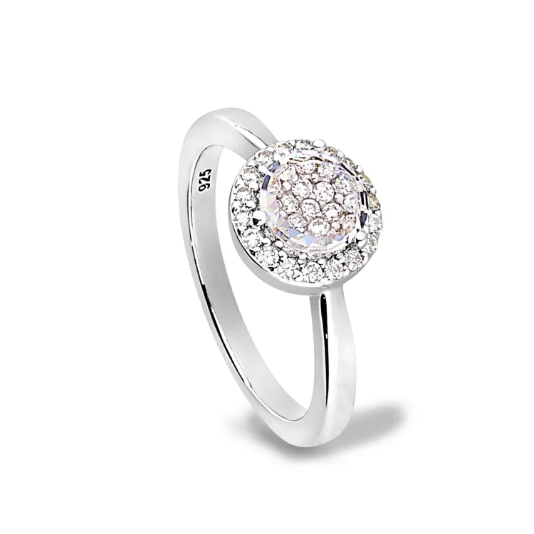 Fancy wedding rings-Platinum Finish Sterling Silver Micropave Round Ring with Simulated Diamonds -Size 8