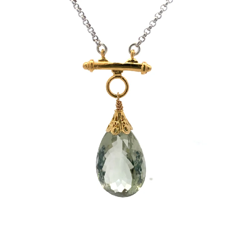 Unique family necklaces with names-Green Amethyst Drop Necklace in Two-Tone Gold by Anatoli