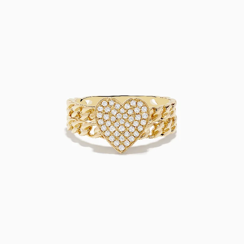 Heart rings-Novelty 14K Yellow Gold Pave Diamond Heart Chain Link Ring