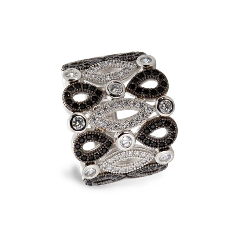 Ring sets for couples-Platinum & Black Rhodium Finish Sterling Silver Micropave Art Deco Ring with 136 Simulated Diamonds