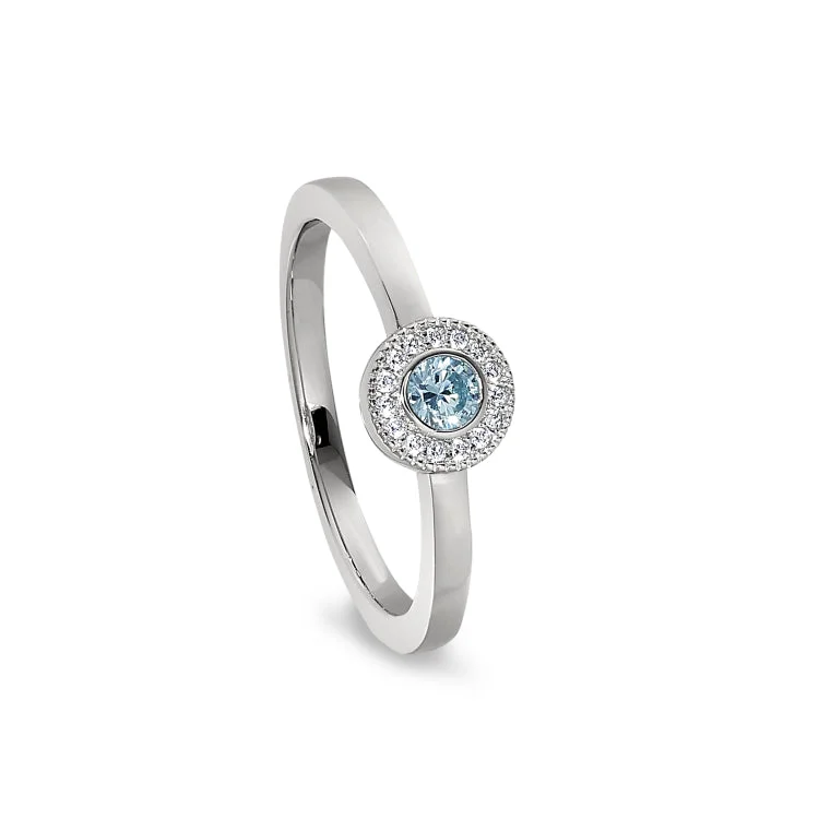 Heart diamond rings-Platinum Finish Sterling Silver Micropave Round Simulated Aquamarine Ring with Simulated Diamonds Size 8