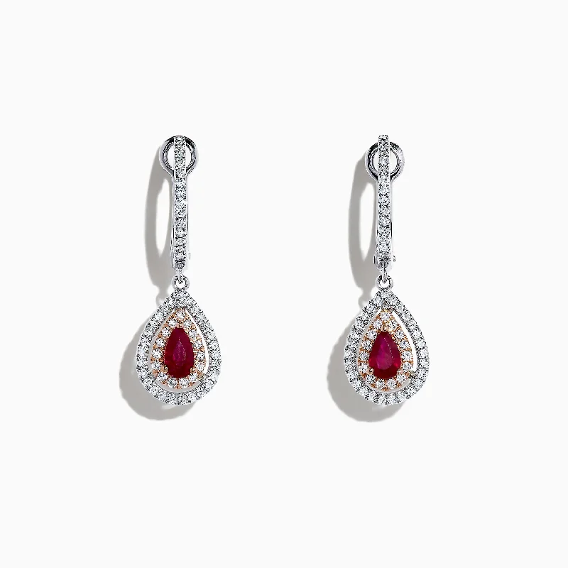 Luxury Earrings For High-End Fashion-Ruby Royale 14K Two Tone Gold Pear Shaped Ruby Drop Earrings, 0.87 TCW