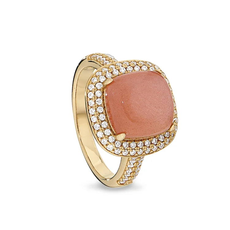 Gemstone rings for women-Gold Finish Sterling Silver Micropave Peach Quartz Ring with Simulated Diamonds