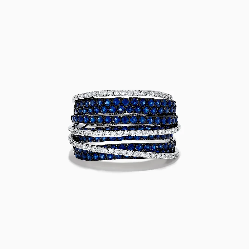 Black gemstone rings-Royale Bleu 14K White Gold Blue Sapphire and Diamond Crossover Ring