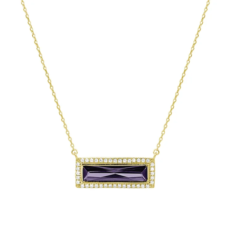 Colorful gemstone necklaces-Gold Finish Sterling Silver Necklace with Rectangular Simulated Amethyst Stone and Simulated Diamonds on 16" - 18" Chain