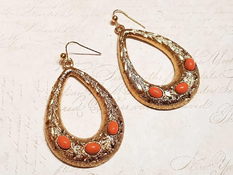 Lightweight Stud Earrings For Comfort-Hoop Earrings Teardrop Gold Coral Stones Pierced by Sardi