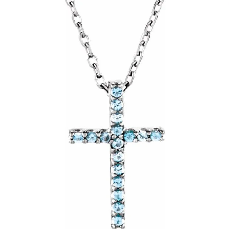 Bohemian pendant necklaces for women-14K White Natural Aquamarine Petite Cross 16" Necklace