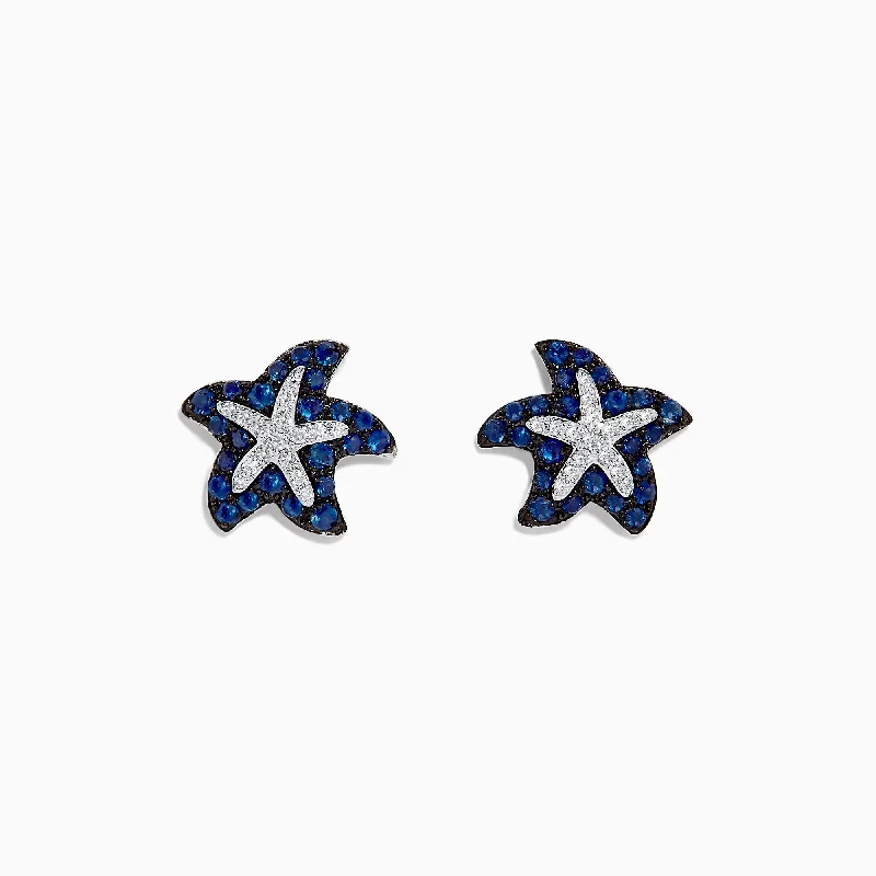 Fashion Hoop Earrings For Evening Wear-Seaside 14K White Gold Sapphire & Diamond Starfish Studs, 0.82 TCW