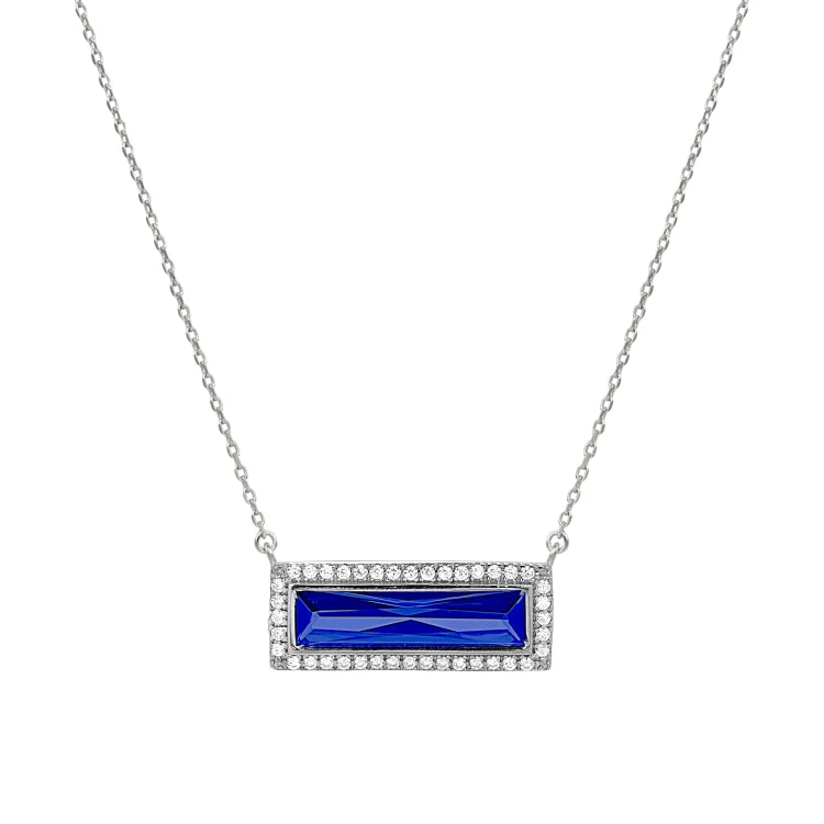 Elegant silver necklaces with initials-Rhodium Finish Sterling Silver Necklace with Rectangular Simulated Sapphire Stone and Simulated Diamonds on 16" - 18" Chain