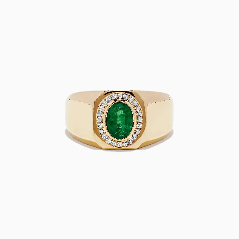 Custom signet rings-Men's Brasillica 14K Yellow Gold Diamond and Emerald Ring