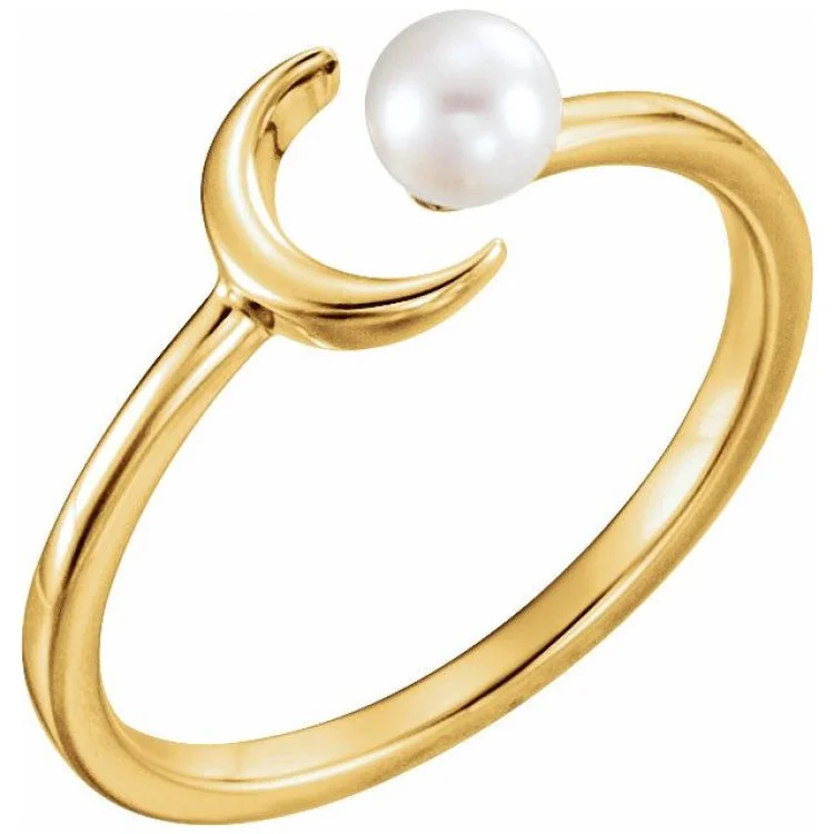 Affordable custom rings-14K Yellow Cultured White Freshwater Pearl Crescent Moon Ring