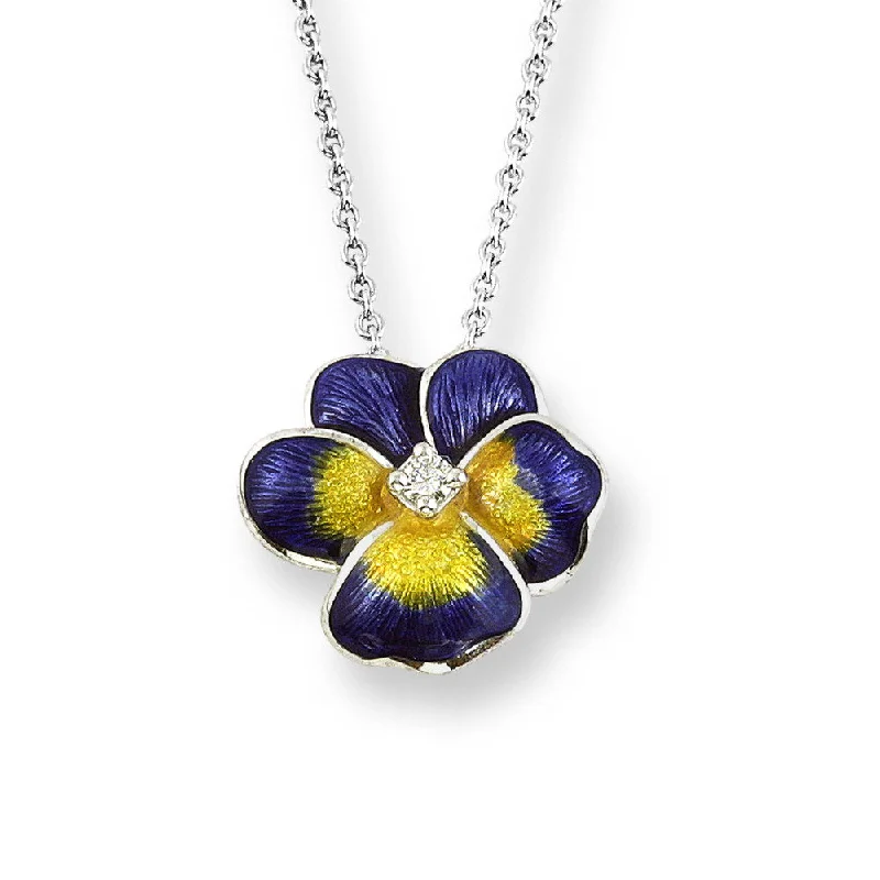 Bar necklaces with initials-Enamel Pansy Pendant with White Sapphire in Silver by Nicole Barr