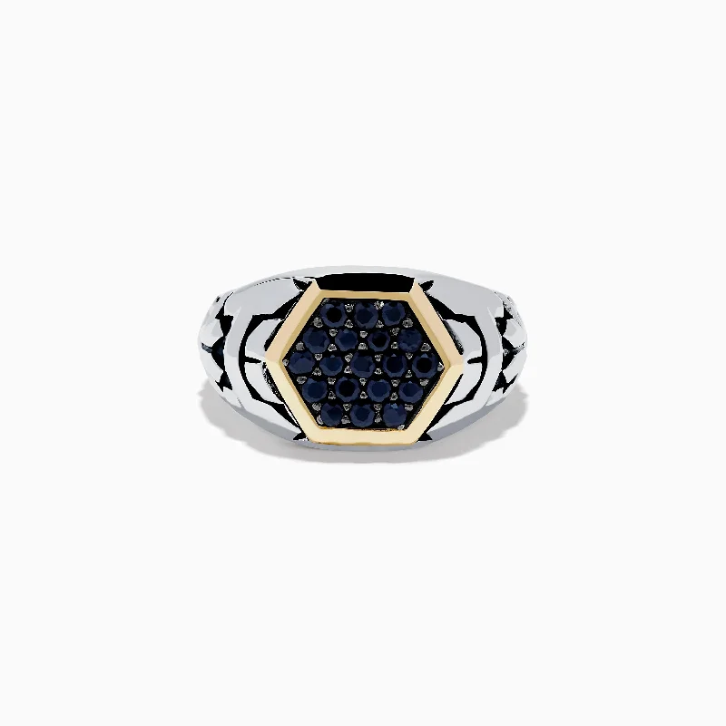 Silver wedding rings for men-Men's Sterling Silver & 18K Yellow Gold Black Sapphire Ring, 0.85 TCW