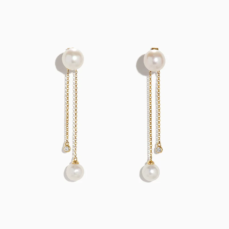 Fun Earrings For Bright Fashion-14K Yellow Gold Diamond and Fresh Water Pearl Drop Earrings, 0.05 TCW