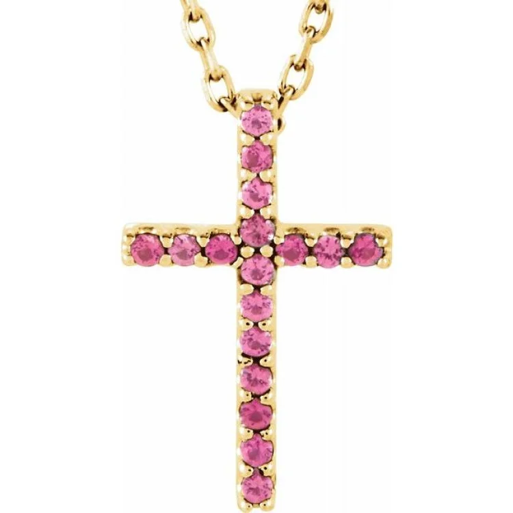 Unique handmade necklaces for women-14K Yellow Natural Pink Tourmaline Petite Cross 16" Necklace