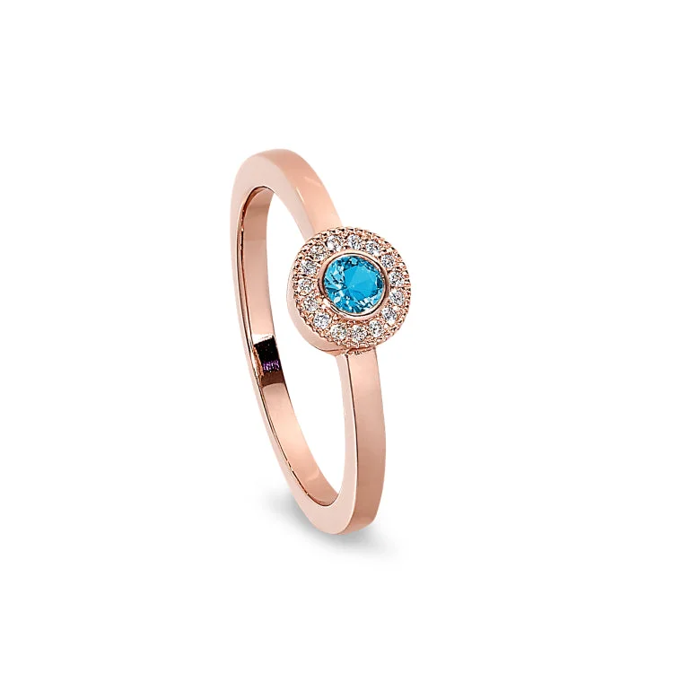 Unique silver wedding bands-Rose Gold Finish Sterling Silver Micropave Round Simulated Blue Topaz Ring with Simulated Diamonds Size 6