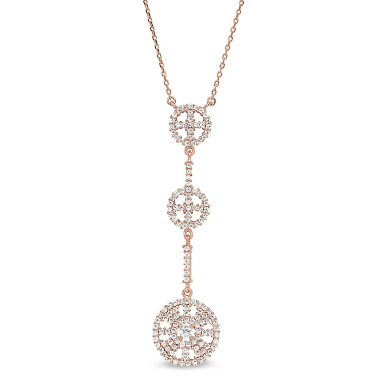 Simple gold chain necklaces-Rose Gold Finish Sterling Silver Micropave Three Circle Drop Necklace with Simulated Diamonds on 16"-18" Adjustable Chain