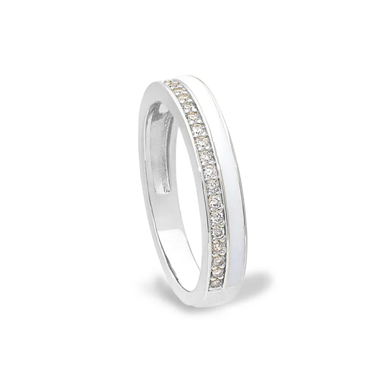 Women’s statement rings-Platinum Finish Sterling Silver Micropave Ring with with White Enamel and Simulated Diamondss