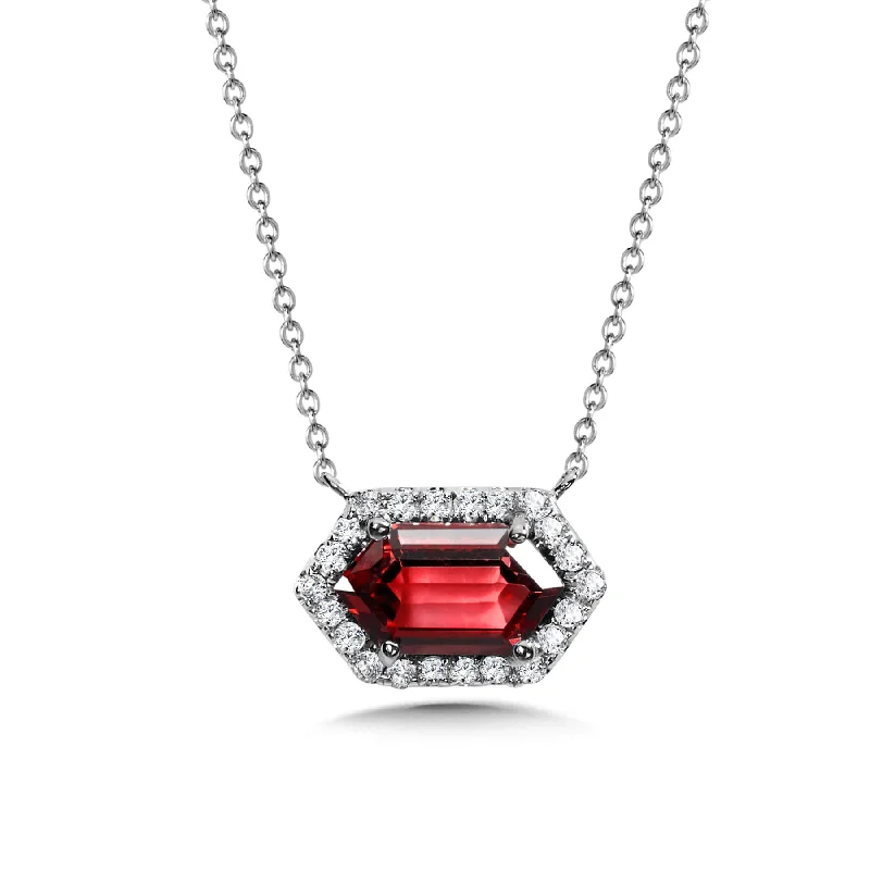 Simple gold necklaces for women-Garnet and Diamond Halo Necklace in White Gold