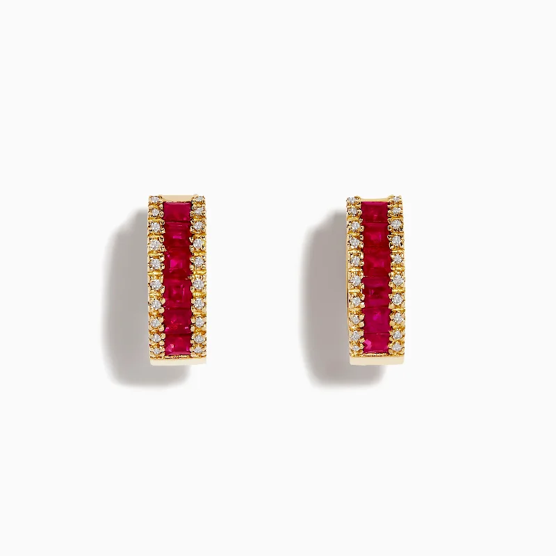 Elegant Earrings For Wedding Days-Ruby Royal 14K Yellow Gold Princess Cut Ruby 5/8" Hoop Earrings, 1.76 TCW