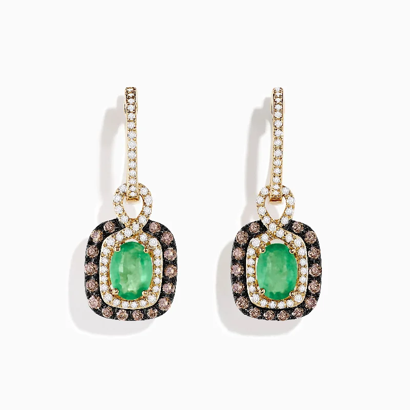 Fashionable Earrings For Evening Looks-14k Yellow Gold Brown & White Diamond Halo Emerald Drop Earrings