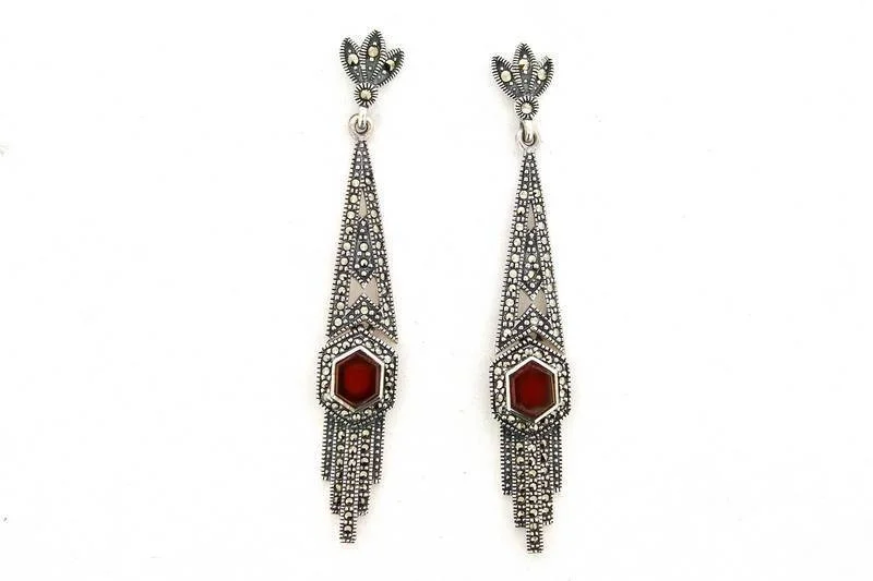 Vintage Earrings For Special Occasions-Art Deco Earrings Carnelian Red Agate Silver Marcasite