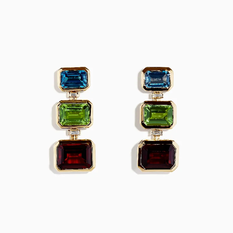 Silver Chandelier Earrings For Glamorous Fashion-Mosaic 14K Yellow Gold Blue Topaz, Garnet, Peridot & Diamond Earrings