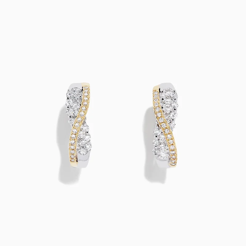 Simple Drop Earrings For Chic Look-14K White and Yellow Gold 3/4" Diamond Crossover Hoop Earrings, 1.00 TCW