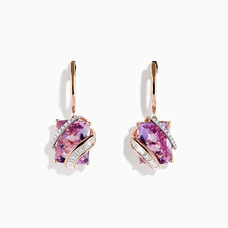 Geometric Drop Earrings For Chic Fashion-14K Rose Gold Pink Amethyst and Diamond Drop Earrings