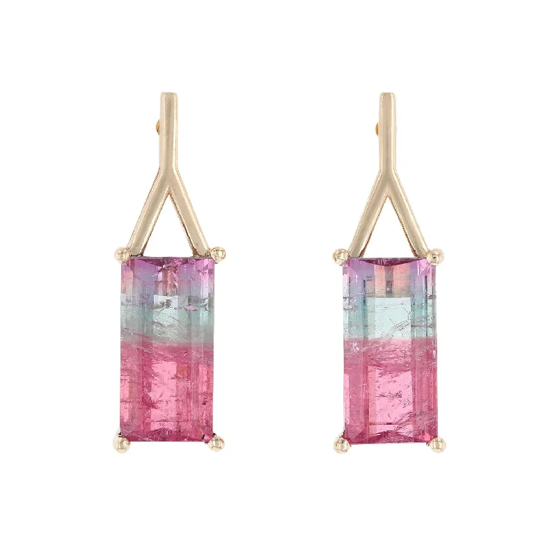 Special Occasion Earrings For Glamorous Looks-Tricolor Pink & Green Tourmaline Rectangular Earrings