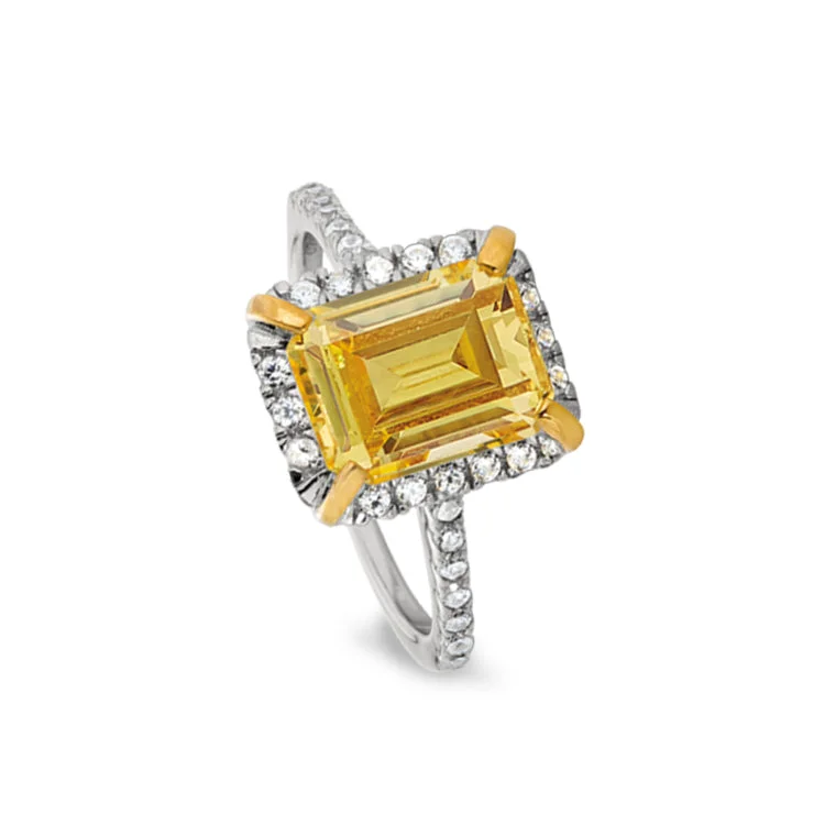 White sapphire rings-Platinum Finish Sterling Silver Vintage Ring with Emerald Cut Canary Stone & Simulated Diamonds